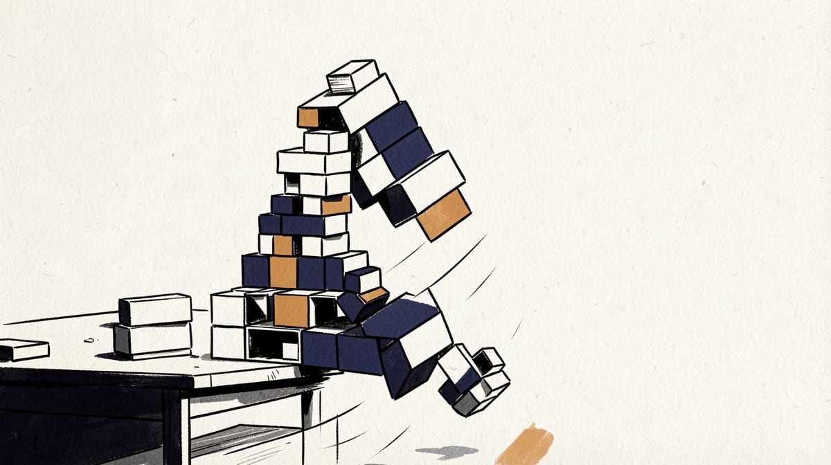 Building blocks stacked stable on workbench, then tipping over as tower is carried across room and jostled by obstacles.