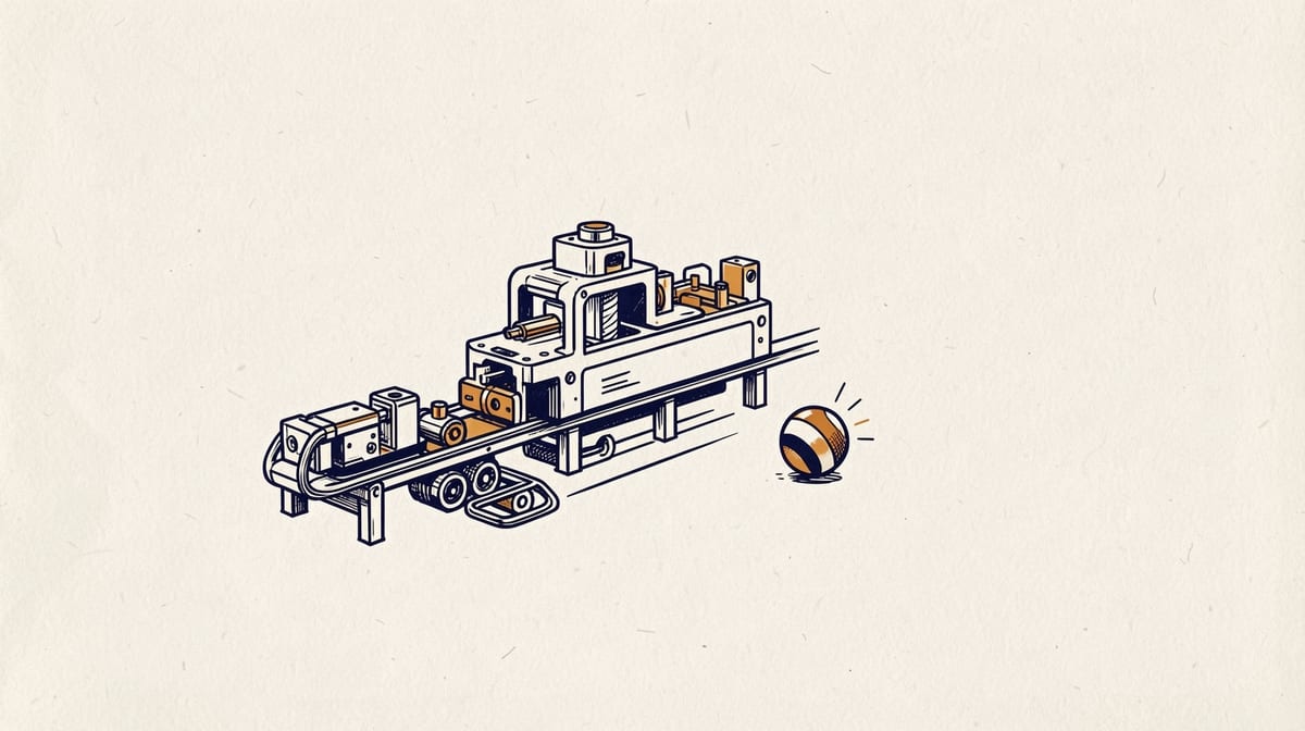 Mechanical device split into two paths: rigid assembly line with fixed stations on left, loose ball rolling freely through open space on right.