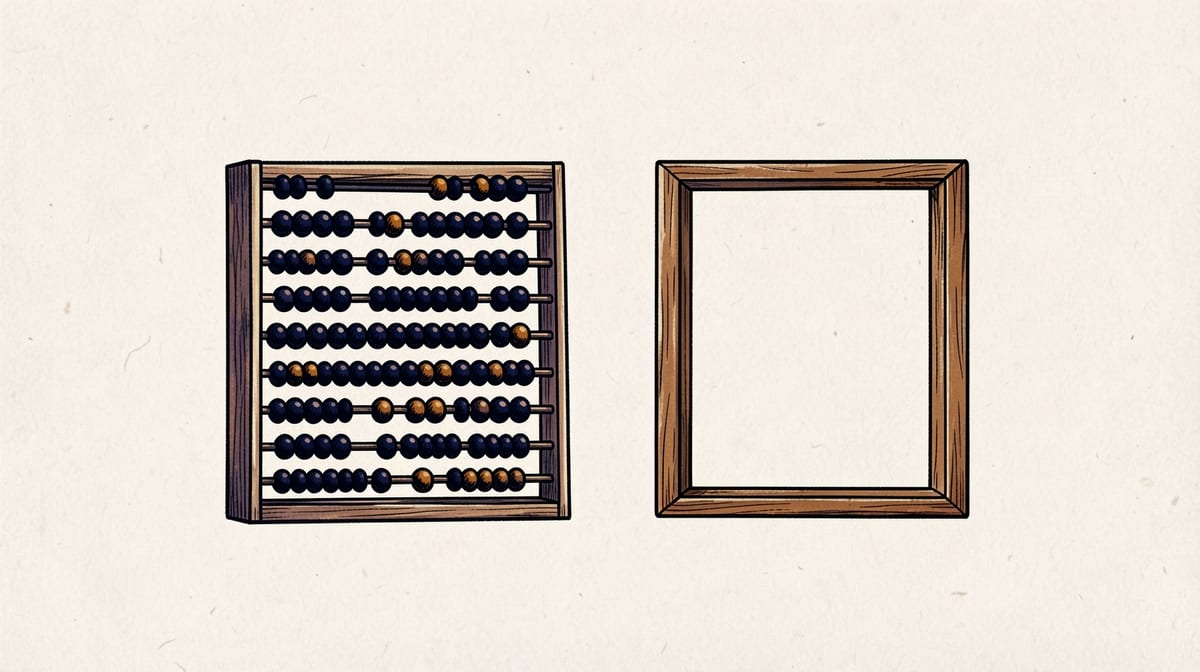 Wooden abacus with beads clustered on one side next to an empty wooden frame of equal size, illustrating a contrast between two states.