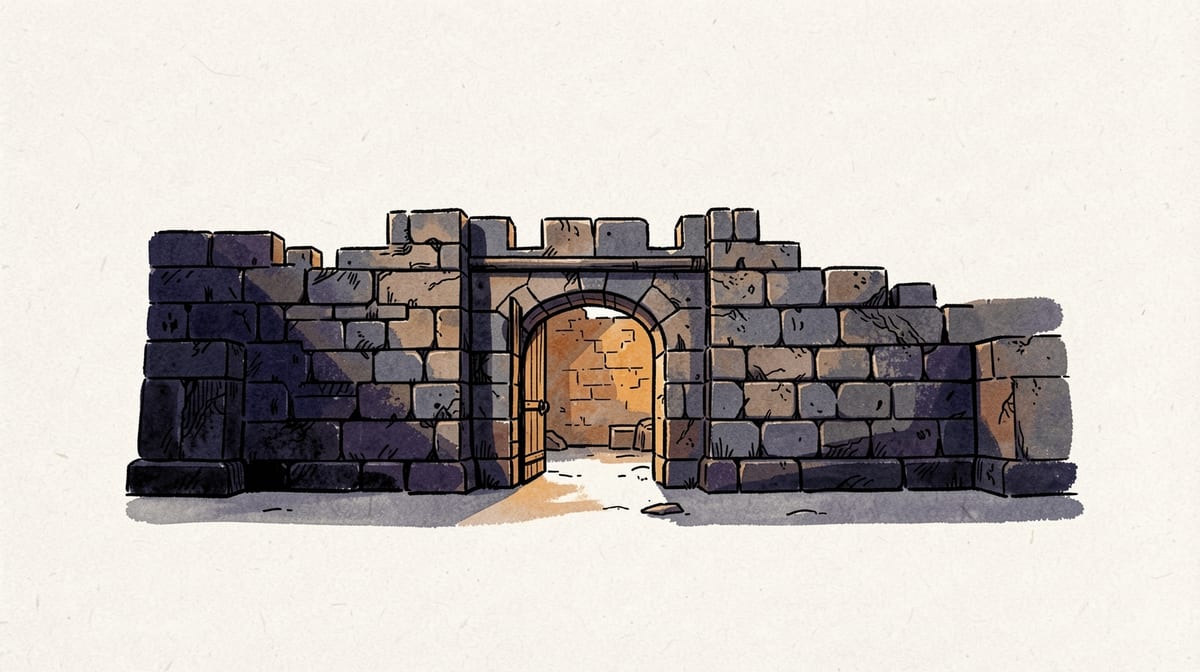 Fortress wall with defensive gate removed, replaced by open archway revealing vulnerable interior space beyond.