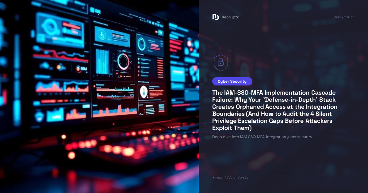 Abstract tech illustration showing interconnected security layers with IAM SSO MFA integration gaps and privilege escalation vulnerabilities in defense-in-depth architecture