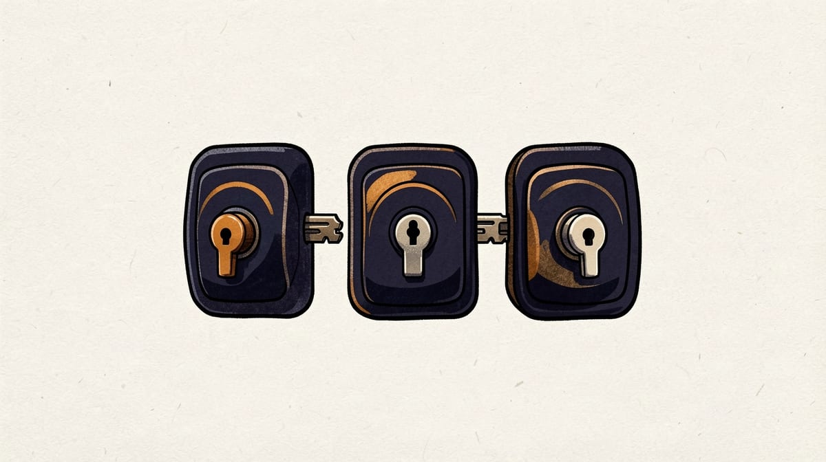 Three sealed locks in a row with visible gaps between them wide enough for a key to pass through sideways.