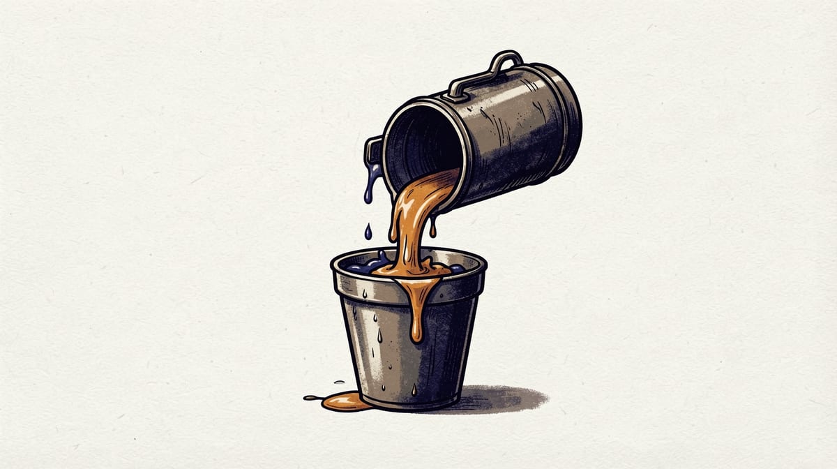 Leaking fuel tank draining into an overflowing cup as the tank empties, illustrating resource depletion and waste.