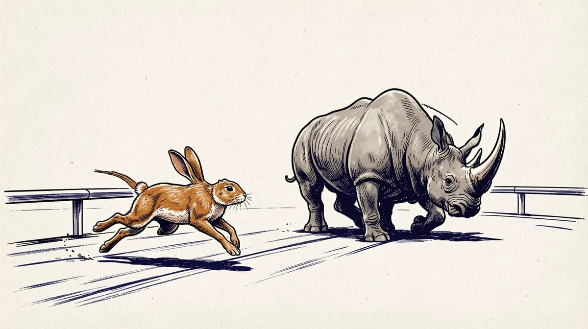 Rabbit crosses finish line on racetrack while rhinoceros trails several body-lengths behind, both mid-stride in frozen moment.