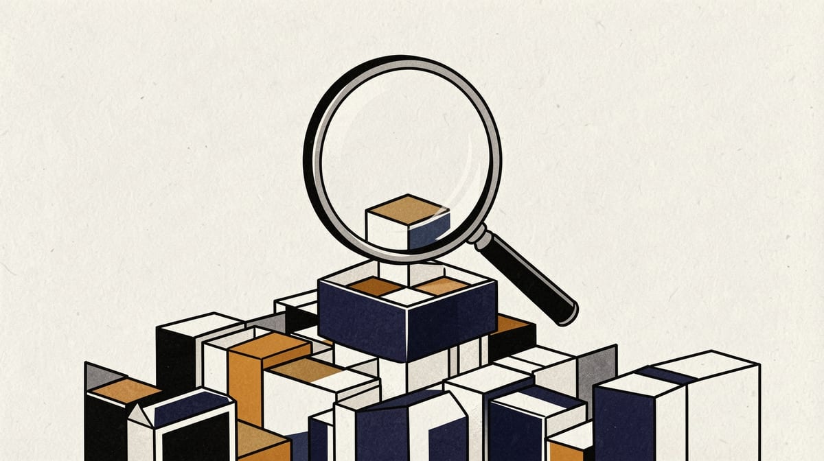 Magnifying glass focused on one product box among many, with the selected box appearing sharp and enlarged while others remain blurred in the background.