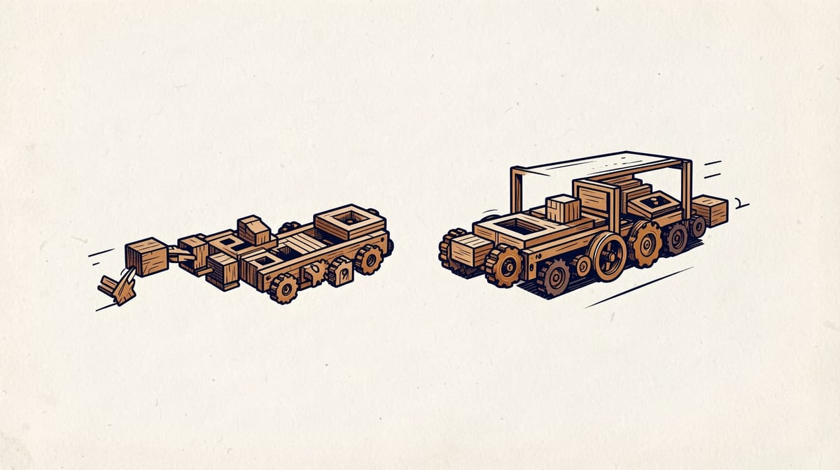 Two assembly lines made of wooden blocks and gears: one modular with swappable components, one rigid and enclosed, both moving the same object from start to finish.