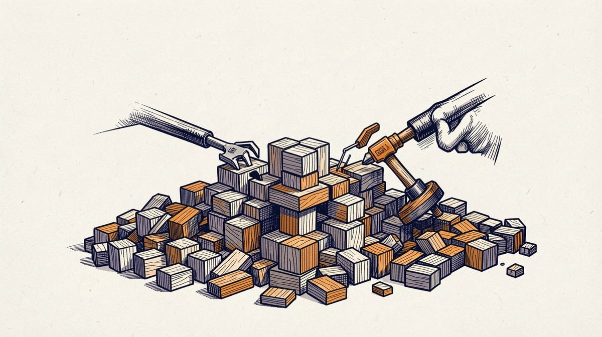 Two tools refactoring a tangled pile of wooden blocks using different methods: one stacking methodically from center outward, the other deconstructing and rebuilding from edges inward.