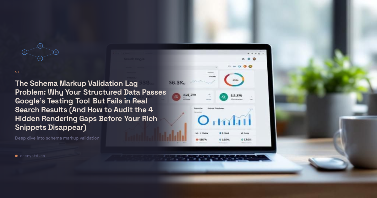 Abstract minimalist tech illustration representing schema markup validation gaps and structured data testing challenges in search results