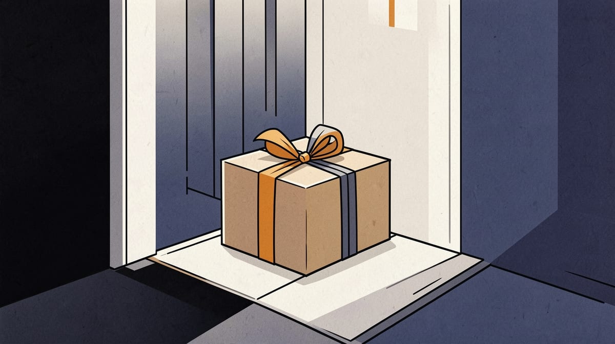 Wrapped package on doorstep with X-ray machine overlay showing perfect contents inside