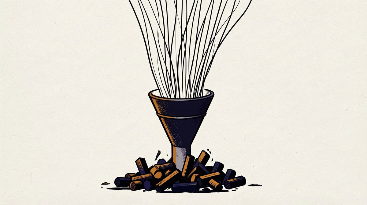 Funnel with thin strands being swept upward by air pressure, leaving only thick sturdy objects at the bottom.