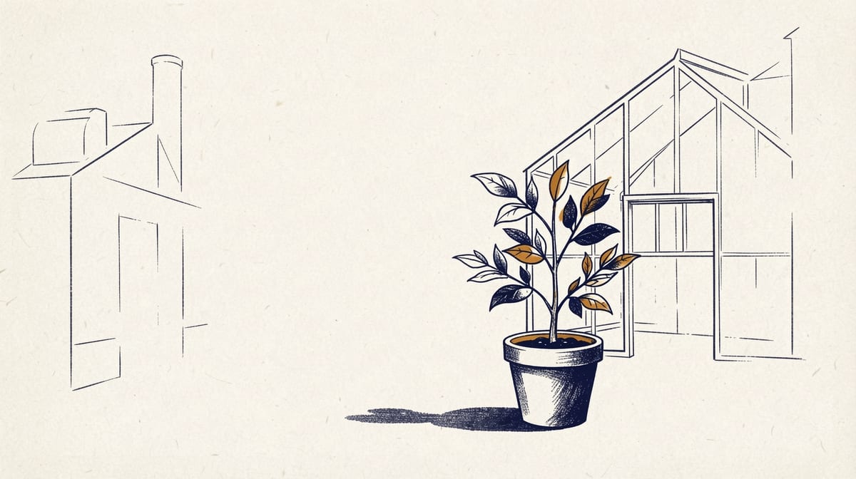 Small potted plant thriving beside an empty, unused industrial greenhouse structure.