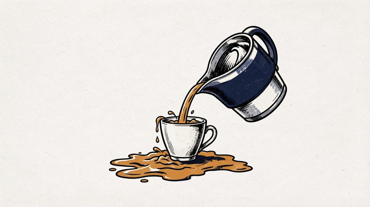 Water pitcher tilting to pour into an overflowing cup, with excess liquid spilling across the surface below.