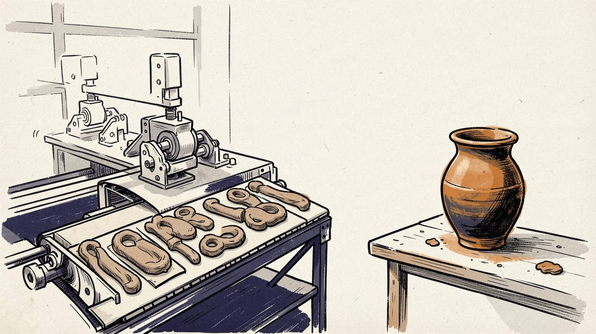 Factory conveyor belt rapidly stamping identical clay objects while a dusty handcrafted ceramic vessel sits abandoned on a nearby shelf.