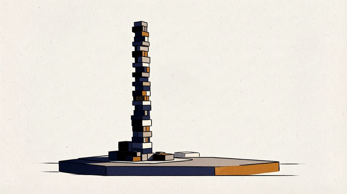 Tall tower of stacked blocks rising high above a wide, flat platform at ground level beside it.