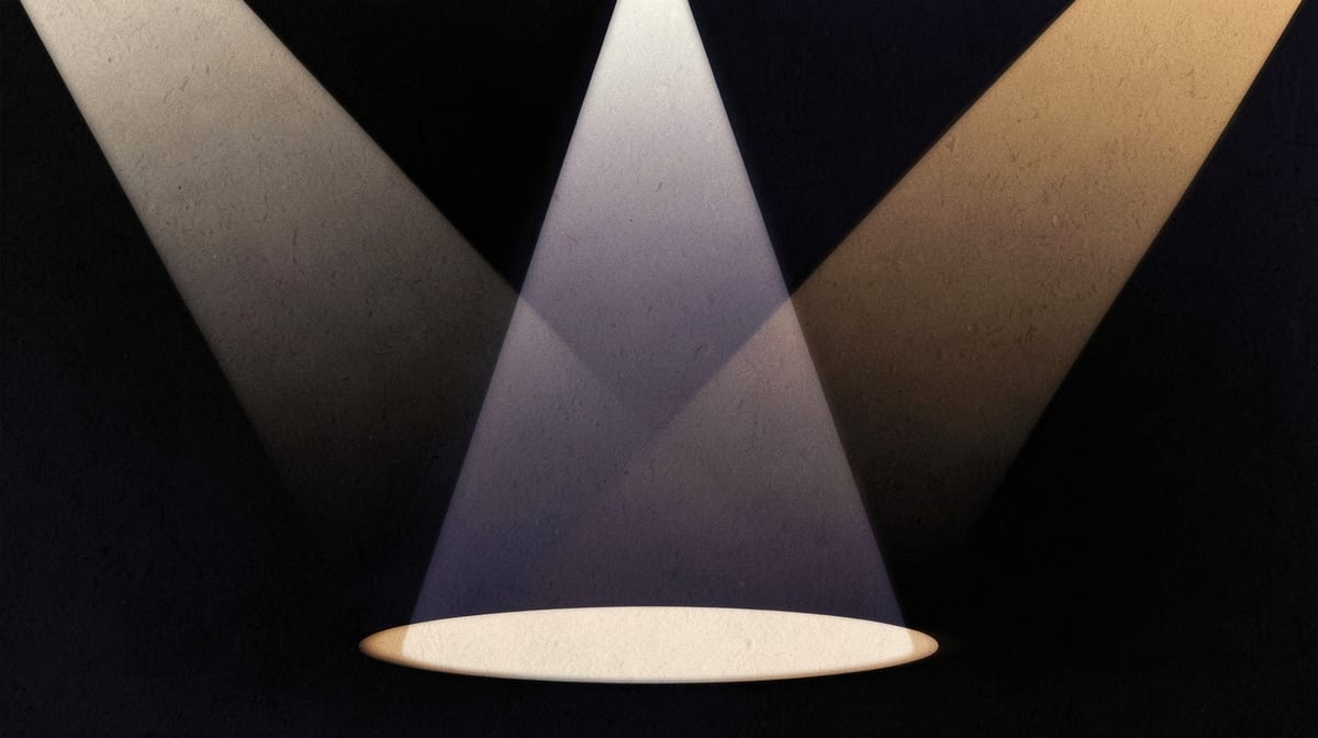 Command-line prompt stage with three spotlight beams converging and overlapping, creating shadows where they intersect rather than blending smoothly.