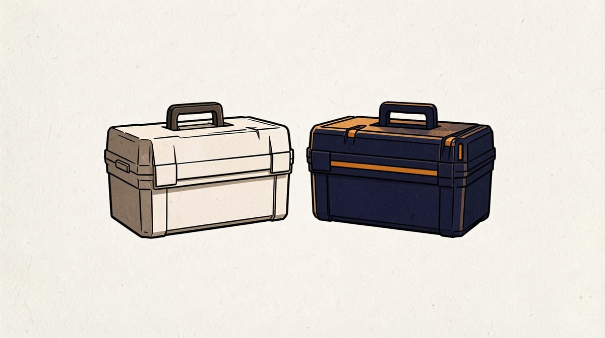 Two identical toolboxes side by side, one visibly lighter and easier to lift than the other, illustrating weight and effort differences.