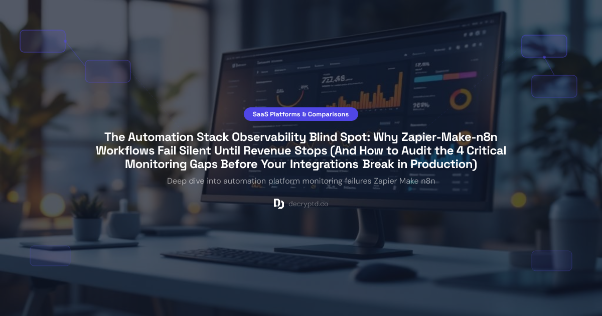 Abstract tech illustration showing interconnected nodes and monitoring gaps in automation workflow platforms like Zapier, Make, and n8n integration systems