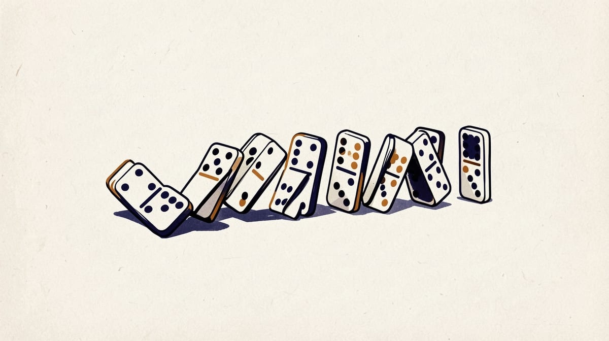 Dominoes in a chain reaction, with one fallen and others tilted at increasingly unstable angles down the line.