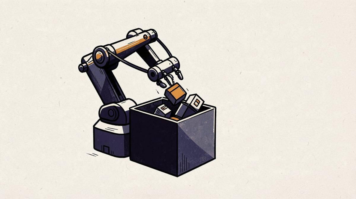 Robot arm placing objects into a bottomless box, objects falling through and tumbling out repeatedly.