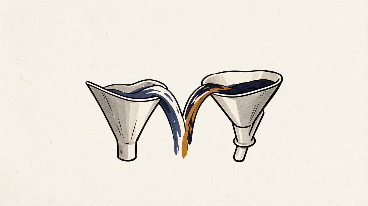 Water flows through a funnel and splits mid-stream, with nearly half diverting into a second, newer funnel positioned beside the first.