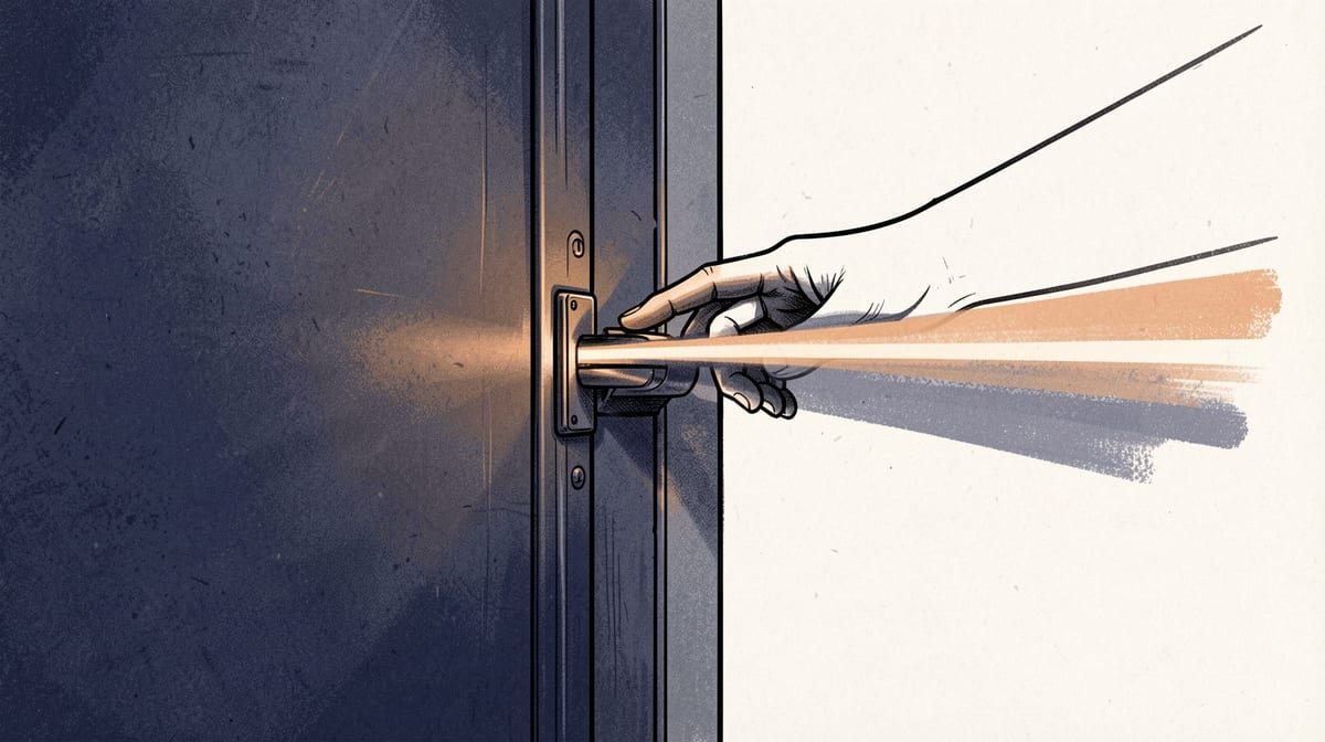 Metal door with narrow gap showing automated scanner beam passing straight through, while human hand probes from different angle with fingers discovering hidden latch the beam missed.
