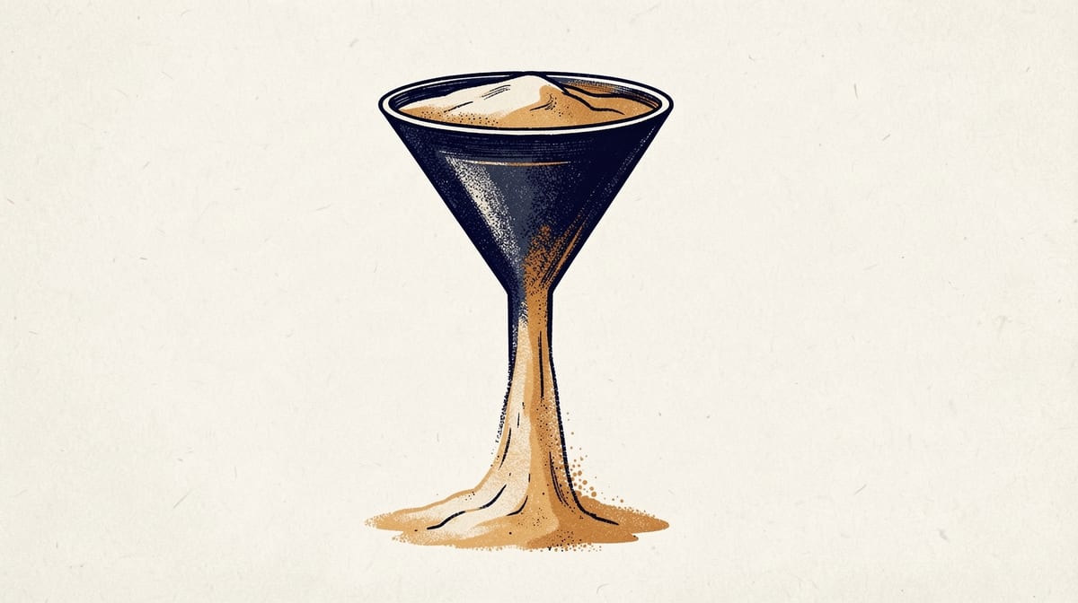 Sand pouring through a funnel, with the stream visibly thinning and losing velocity halfway down the funnel's length.