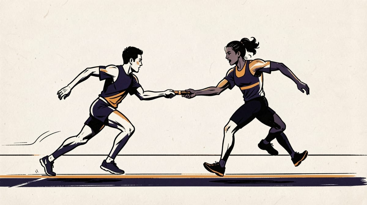 Two runners in a relay race, one at the starting line accelerating while holding a baton, the other sprinting at full speed mid-track receiving the handoff.