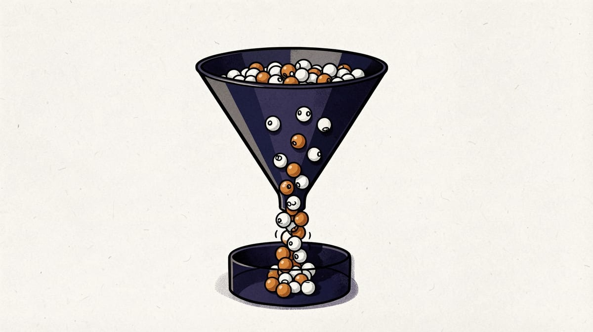 Funnel with marbles flowing freely into wide top section, then backing up and getting stuck at a narrow middle constriction, unable to pass through to bottom chamber.