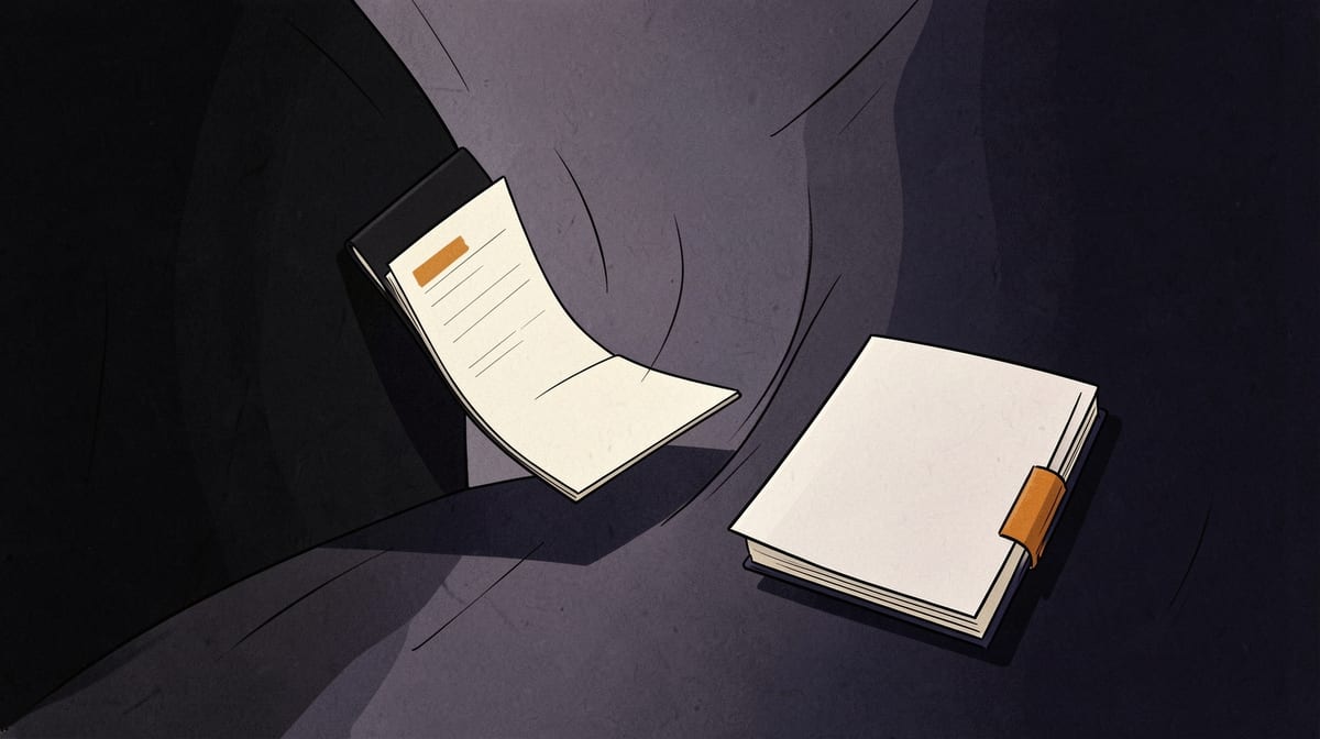 Two identical notebooks side by side: one being pulled through a narrow tunnel, the other sitting freely outside it.