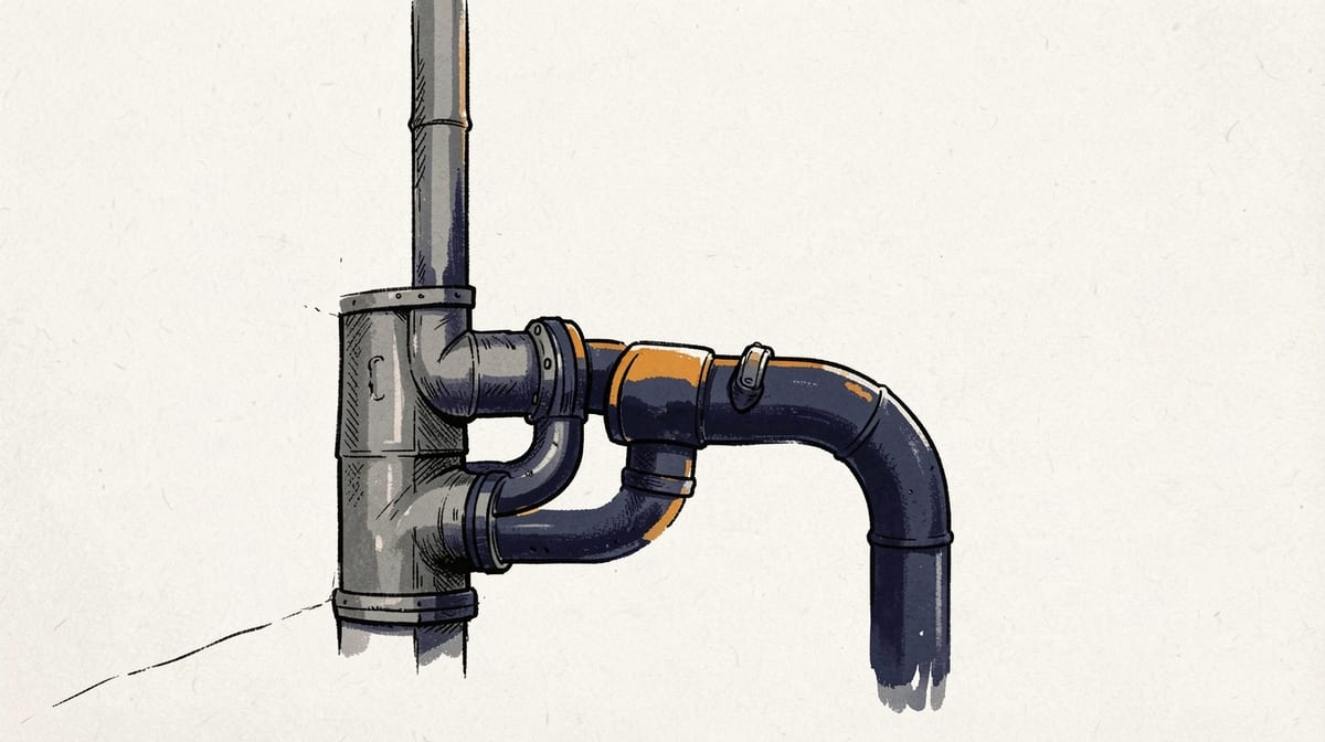 Two pipes side by side: one stops abruptly at a wall while the other continues through, bending in multiple directions.