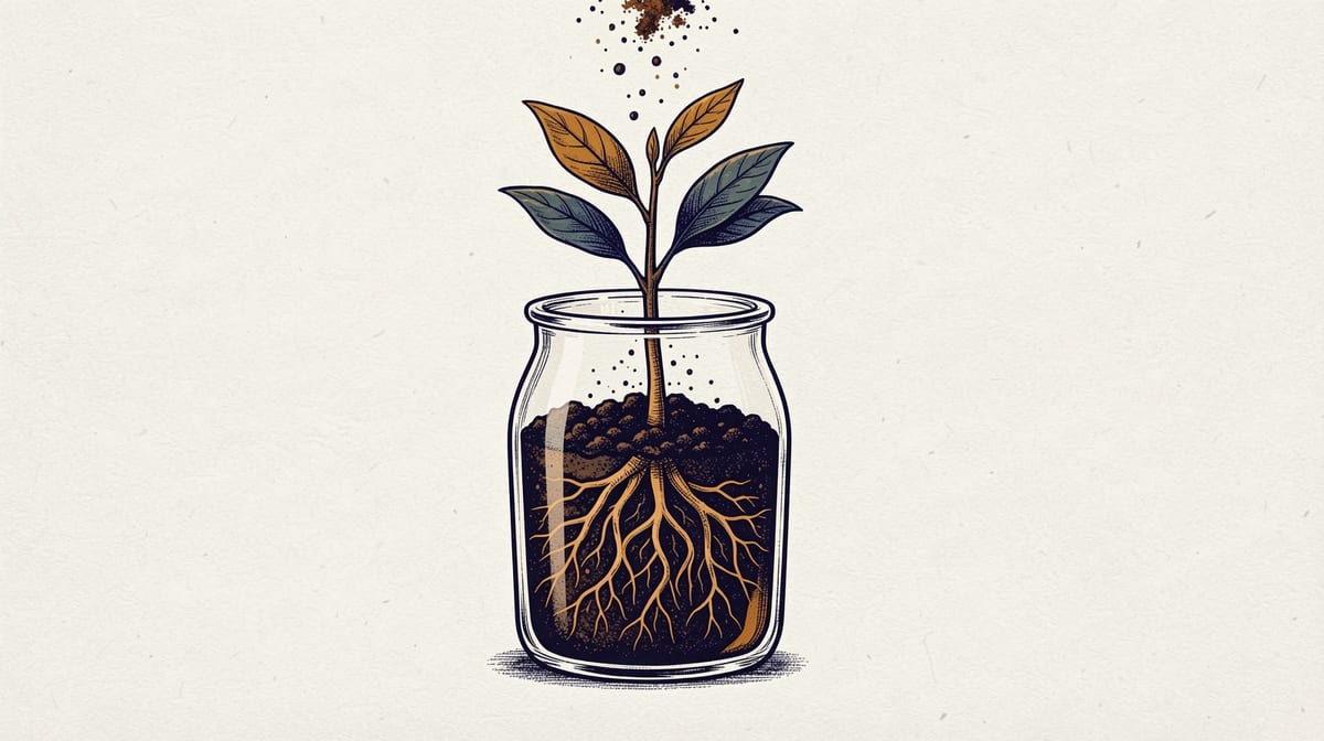 Sapling growing in a transparent glass vessel with visible roots and growth rings, soil being added from above as the plant develops.