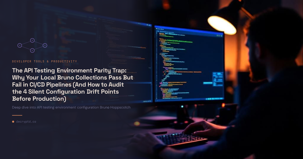 Abstract tech illustration showing API testing environment configuration layers with Bruno and Hoppscotch tools for CI/CD pipeline parity