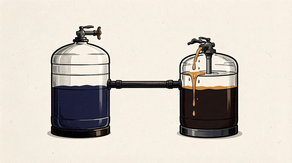 Two identical water tanks connected by a pipe: left tank's tap flows heavily, right tank's tap drips slowly, illustrating different flow rates.