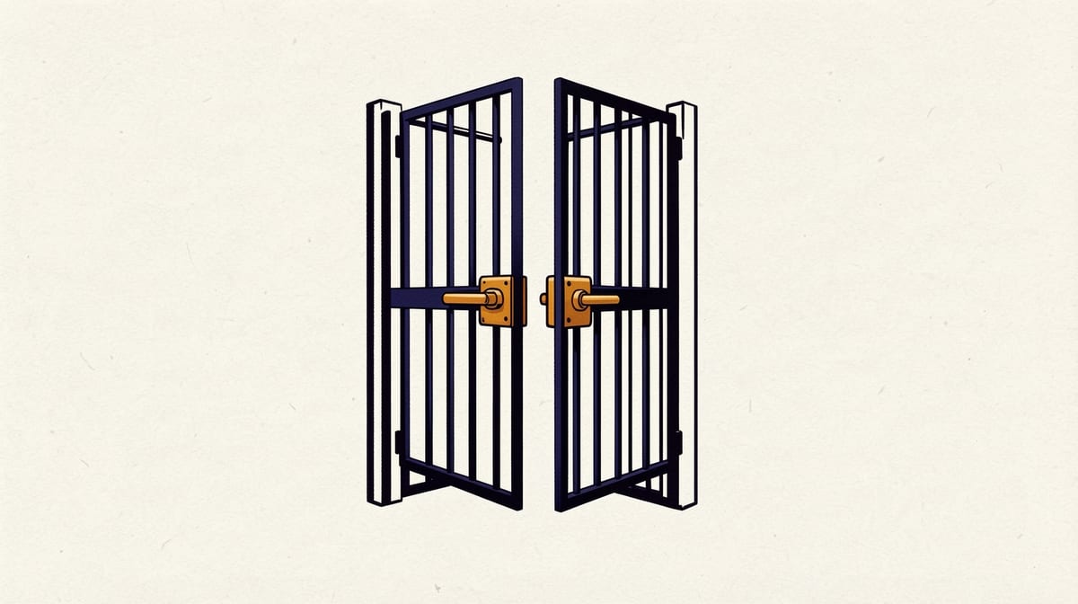 Security gate standing open with two aligned locks that individually appear secure but together create an unintended passage when turned.