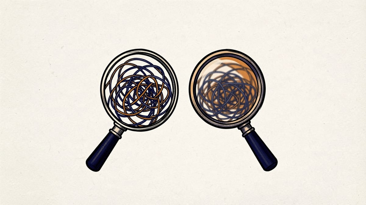 Two magnifying glasses examining a tangled pile of threads, one revealing distinct individual strands clearly while the other shows a blurrier, less detailed view