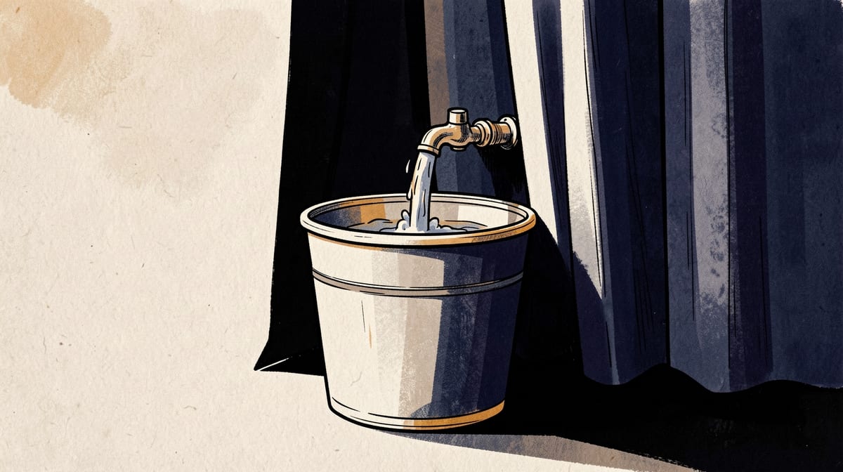 Running faucet overflows into bucket hidden behind curtain in shadow, water spilling unnoticed onto surface below.