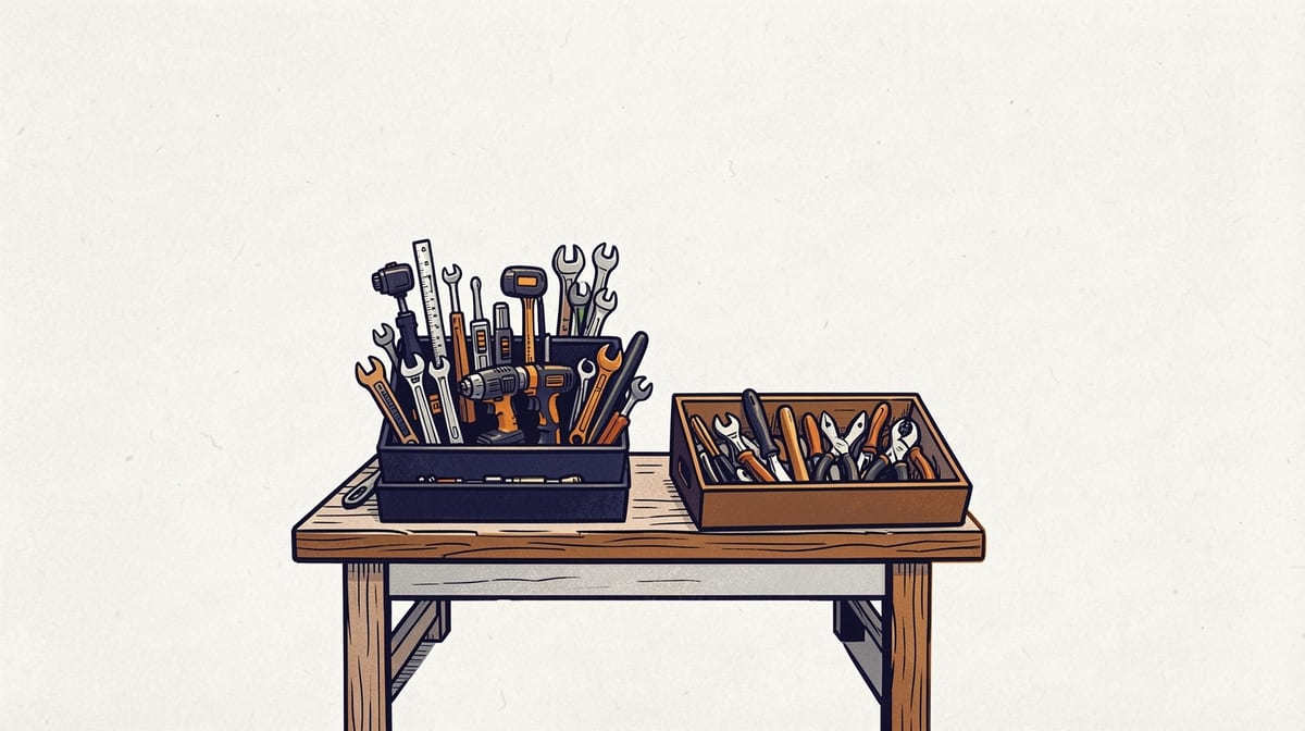 Wooden workbench with two toolboxes: one overflowing with professional tools like wrenches and power tools, the other with basic hand tools, illustrating tool progression.