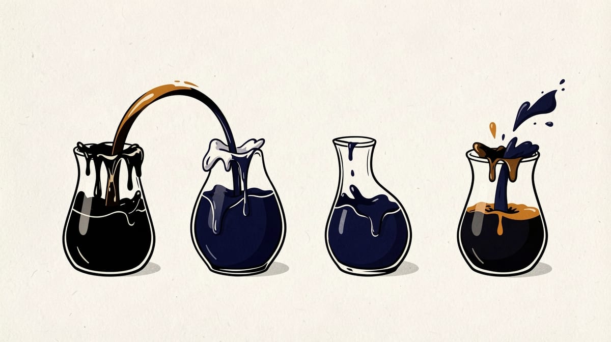 Four vessels of different shapes filled to varying levels, each overflowing liquid in different directions and patterns.