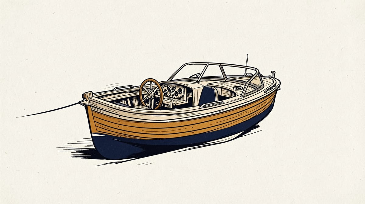 Hand-built wooden boat with corporate steering wheel installed, additional crew positions added, original builder's tools placed aside on workbench.