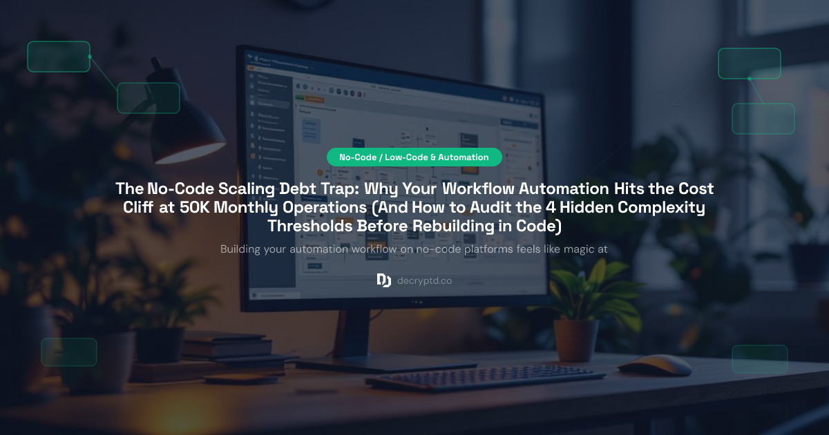 Abstract minimalist tech illustration showing workflow automation scaling challenges and when to switch from no-code to custom code solutions