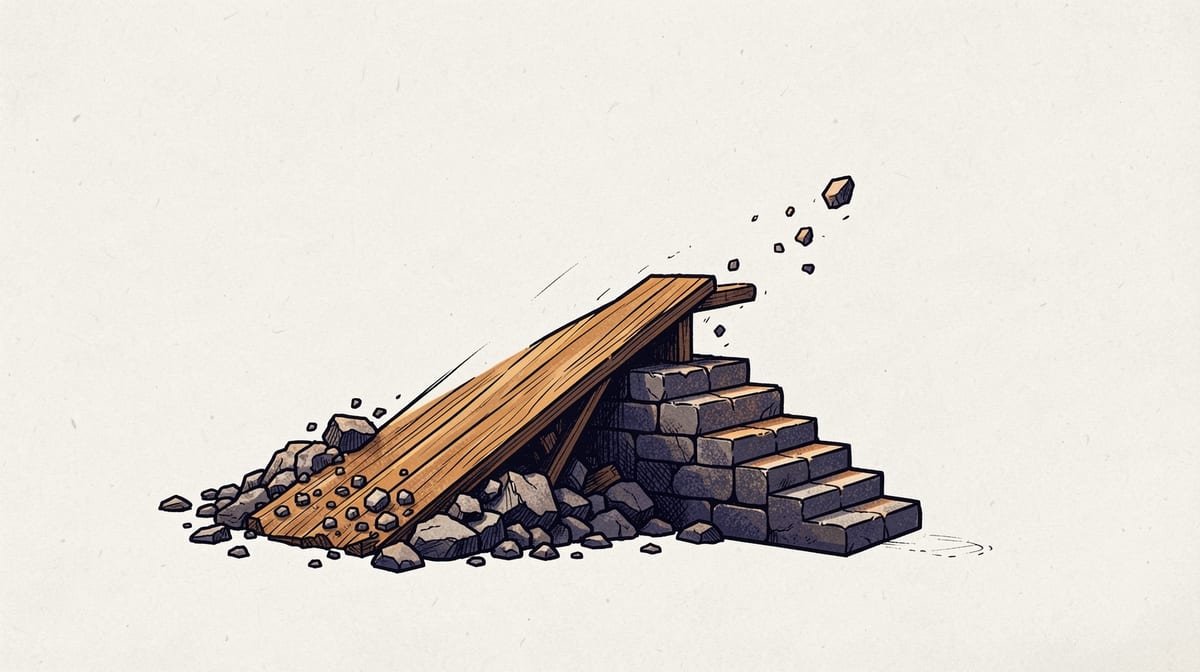 Wooden ramp rising smoothly then crumbling into rubble, with a steep stone block staircase continuing the path beyond the break.