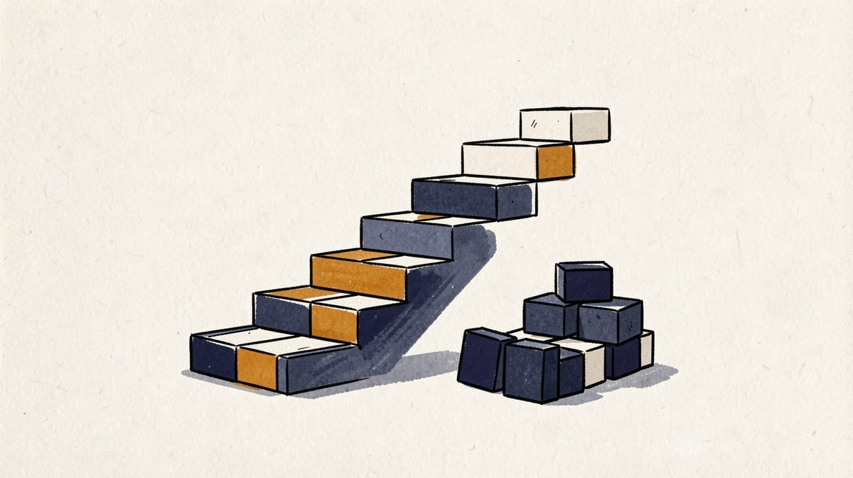 Staircase made of building blocks that stops abruptly mid-climb, with unused blocks stacked beside it.