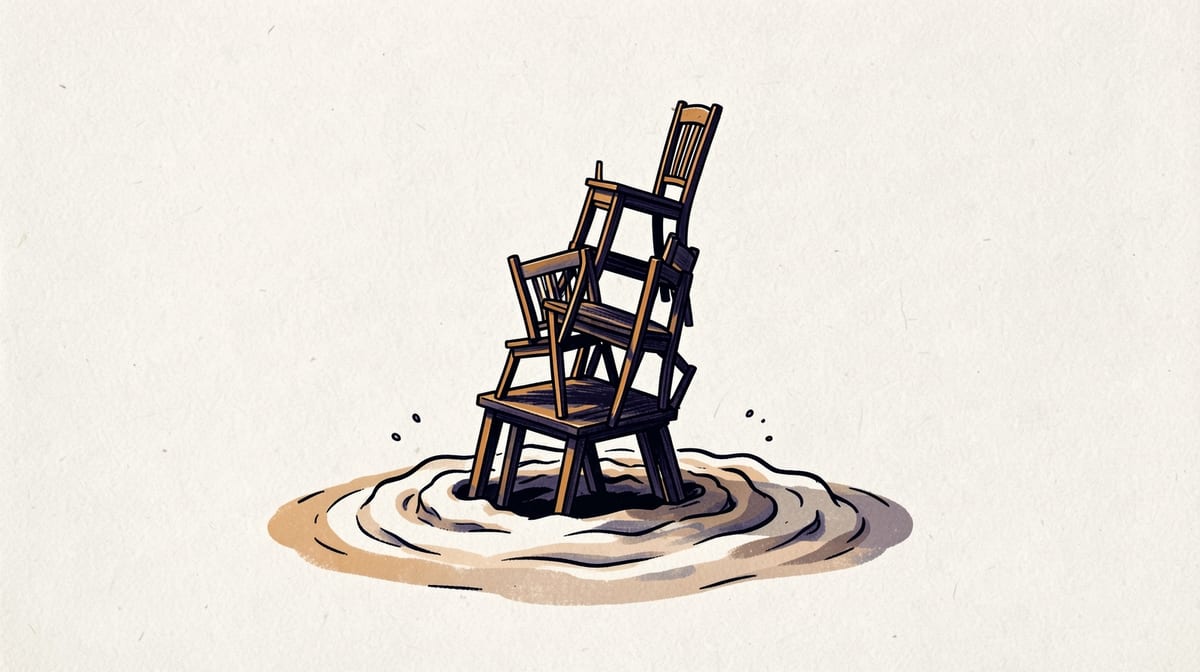Stacked chairs sinking into quicksand, each layer pulling the structure deeper into the ground.