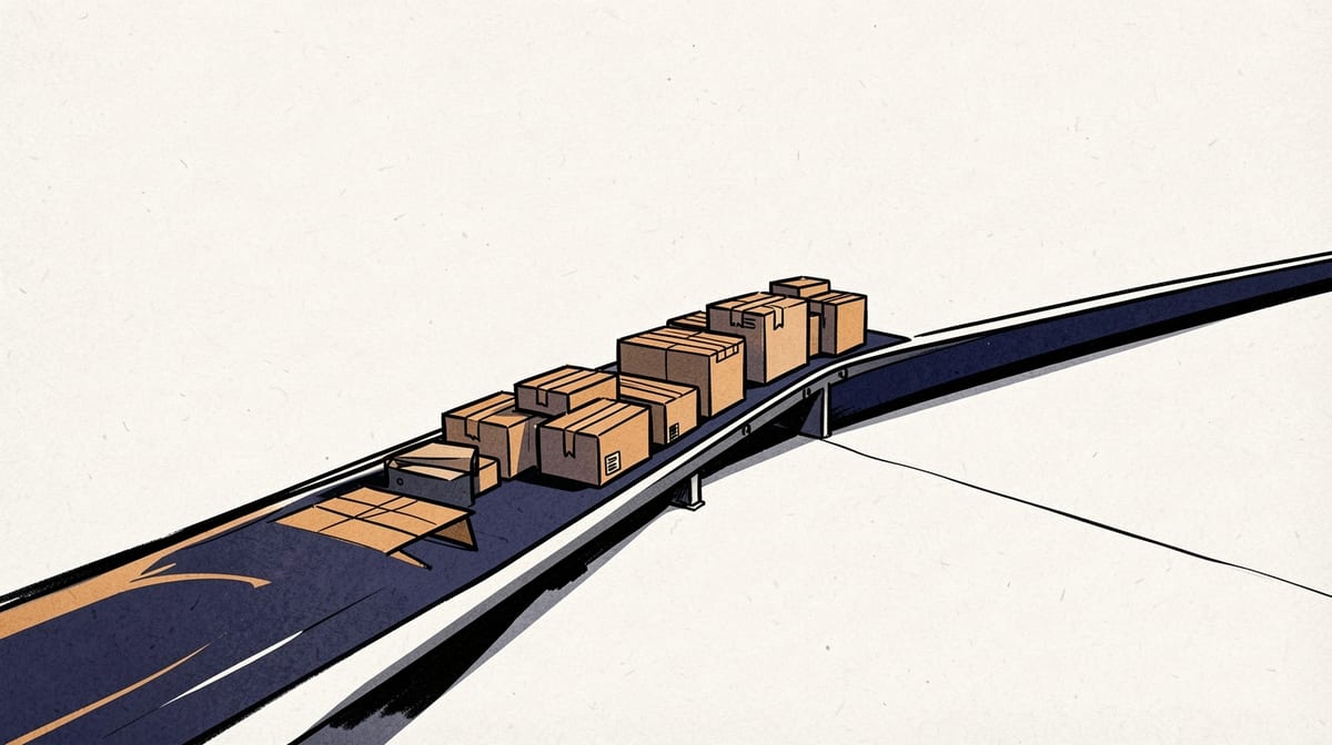 Conveyor belt stops abruptly with packages piled at the gap before a second belt resumes on the opposite side.
