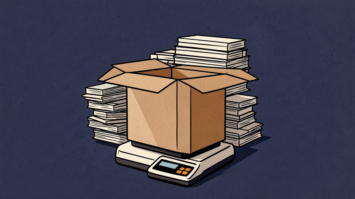 Cardboard box on a scale outweighed by stacks of hidden materials piled behind it out of view