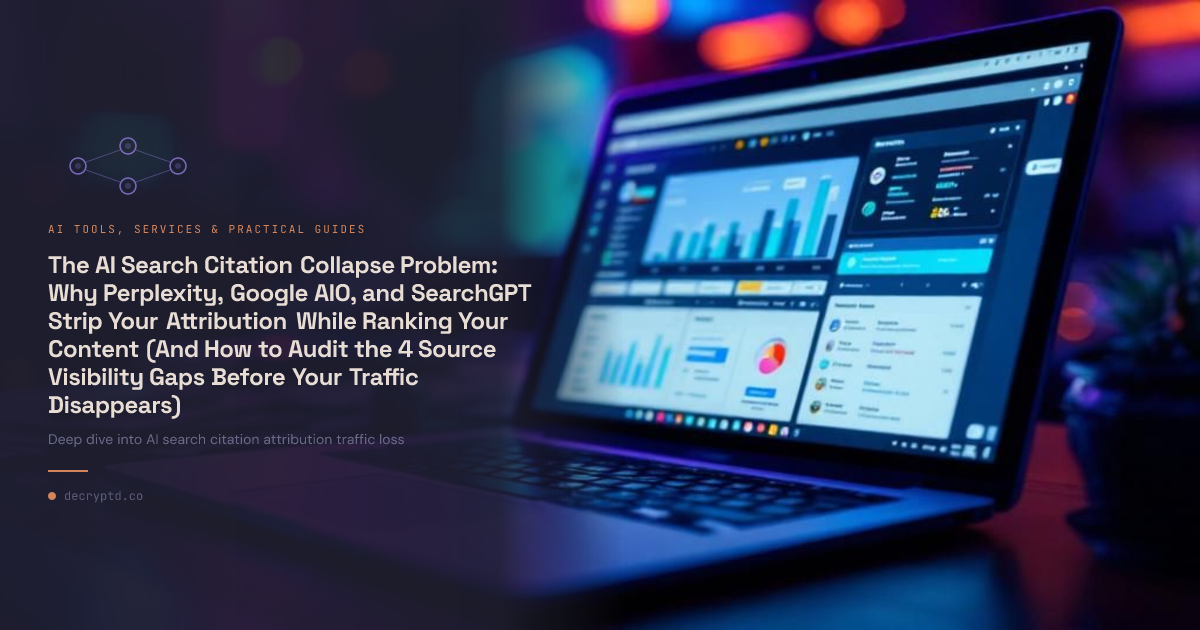 Abstract tech illustration showing AI search citation attribution problem with content sources fading into digital void representing traffic loss
