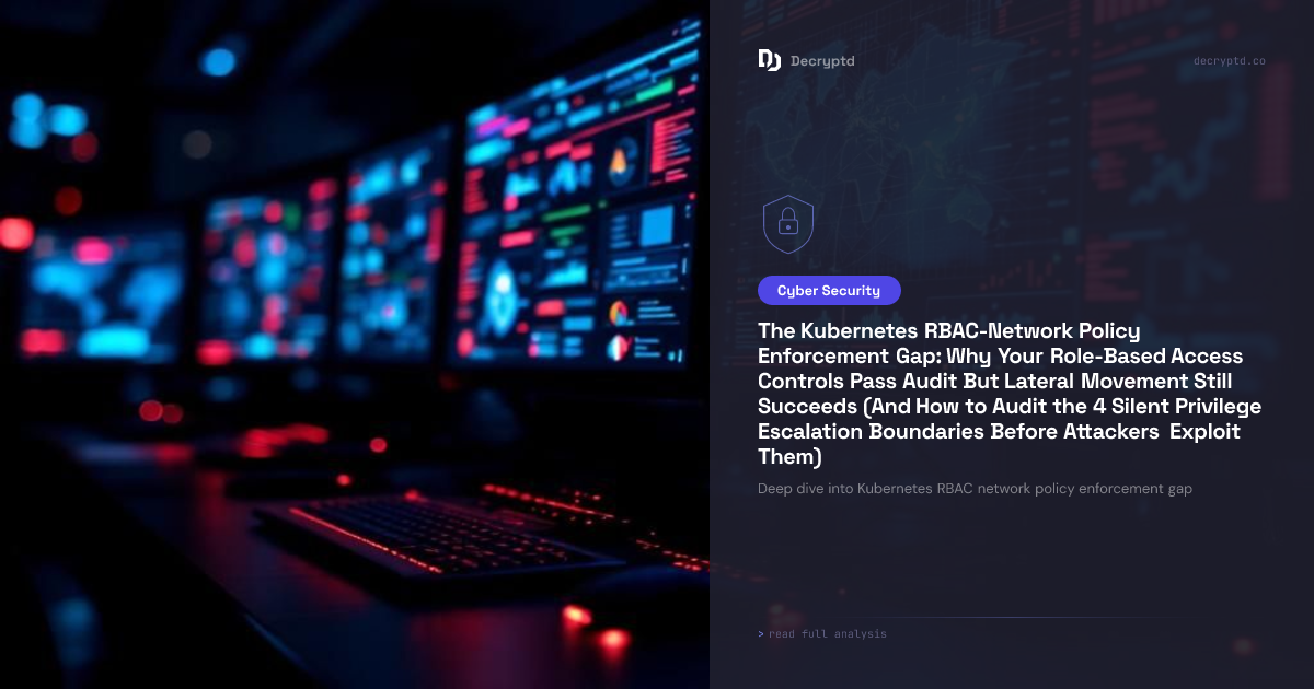 Kubernetes RBAC network policy enforcement gap illustrated with abstract minimalist tech design showing security boundaries and lateral movement risks