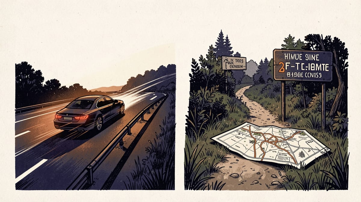 Hand hovering over two paths: a lit highway with a speeding car, and an overgrown trail with a surveyor's map showing the distance is three times the signpost c