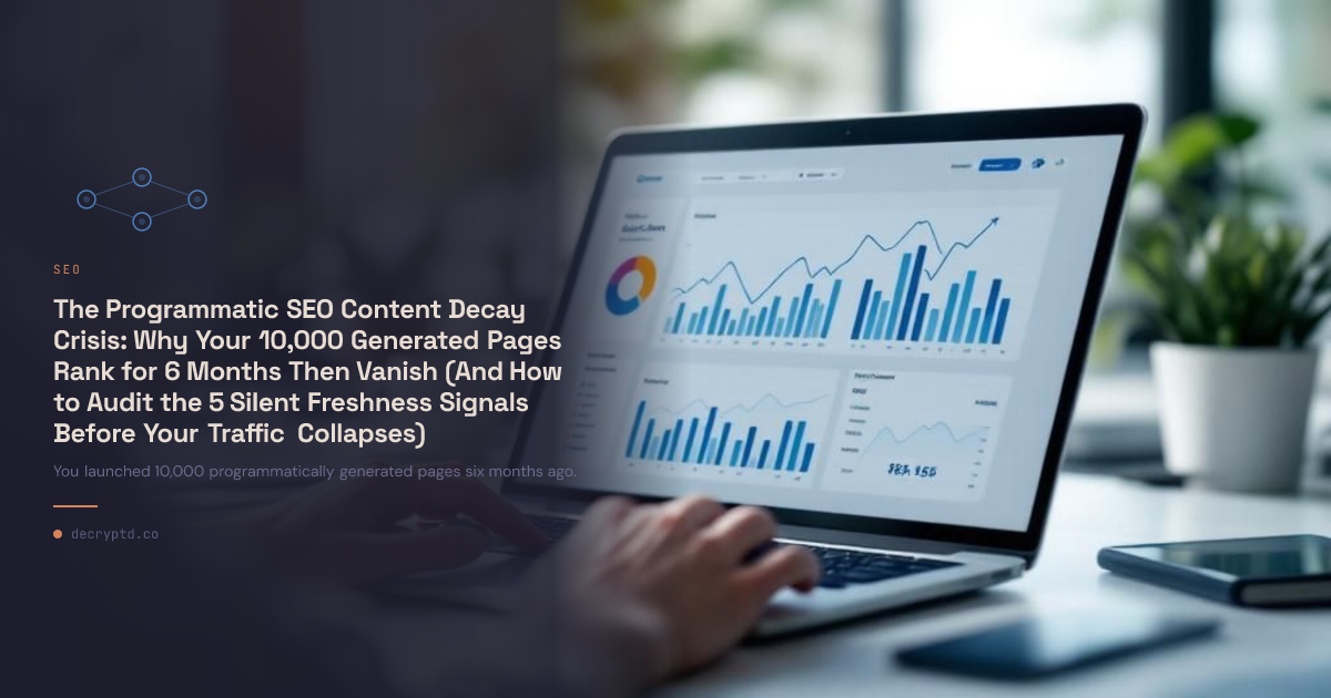 Programmatic SEO content decay freshness signals abstract tech illustration showing declining graph and digital elements representing content ranking loss