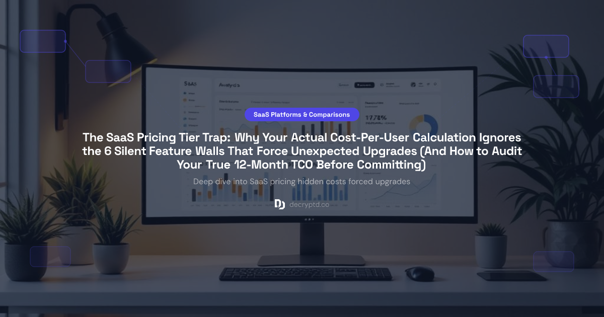 Abstract minimalist tech illustration showing hidden SaaS pricing costs, feature walls, and forced upgrades impacting true cost-per-user calculations